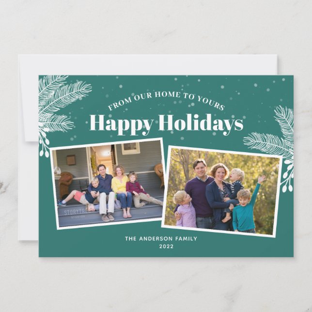 Elegant White Pine on Dark Teal 2 Photos Christmas Holiday Card (Front)