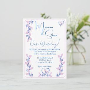 Elegant White, Pink, & Blue Floral Wedding Invitation