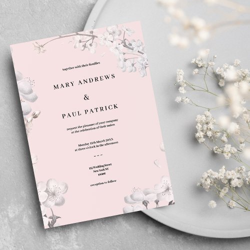 Elegant white pink cherry blossom floral Wedding Invitation
