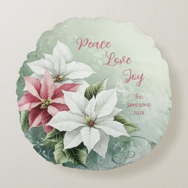 Elegant White Pink Christmas Poinsettias Round Pillow (Front)