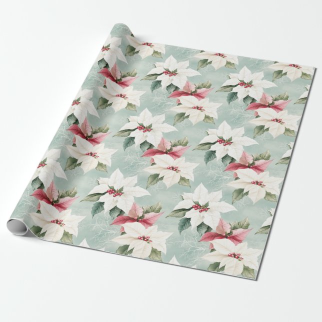 Elegant White Pink Christmas Poinsettias  Wrapping Paper (Unrolled)