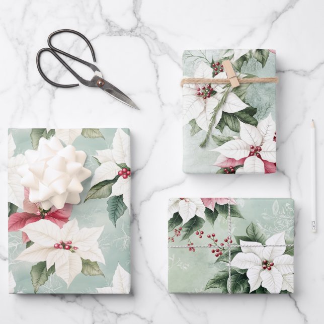 Elegant White Pink Christmas Poinsettias  Wrapping Paper Sheets (Front)