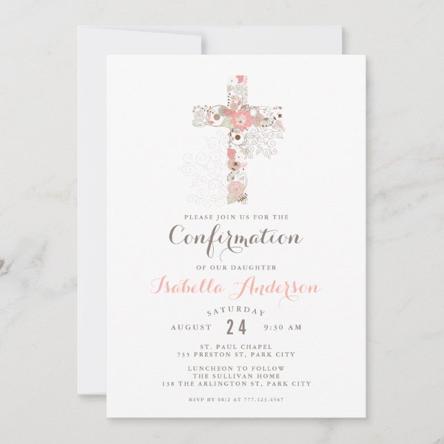 Elegant white pink confirmation floral cross name invitation (Front)