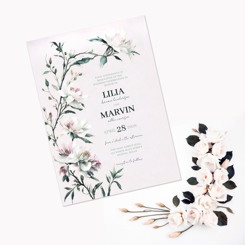 Elegant White Pink Crawling Lily Wedding Invitation