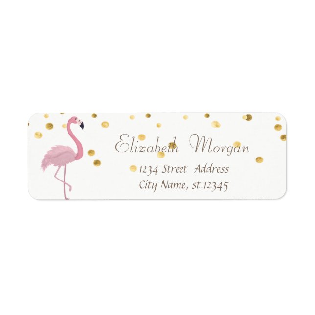 Elegant White,Pink Flamingo Fux Gold Foil Confetti Label (Front)