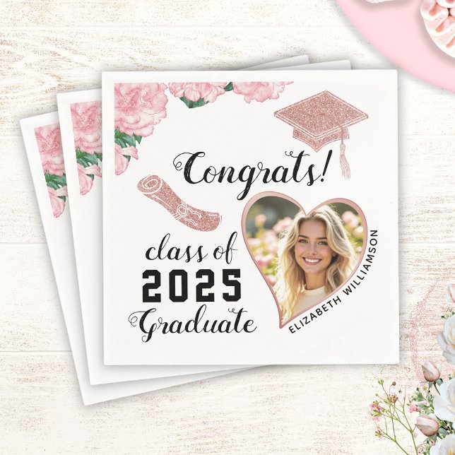 Elegant White Pink Floral Class 2025 Graduation Napkins (Creator Uploaded)