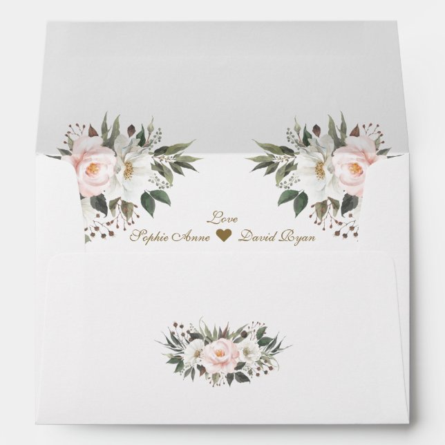 Elegant White Pink Floral Wedding Return Address  Envelope (Back (Bottom))