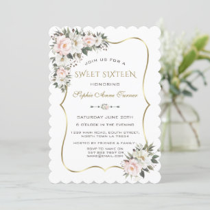 Elegant White Pink Flowers Gold Frame Sweet 16 Invitation