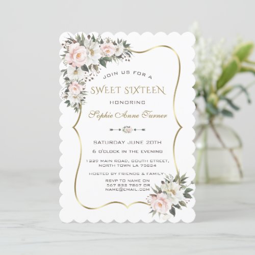 Elegant White Pink Flowers Gold Frame Sweet 16  Invitation