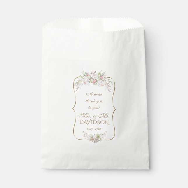Elegant White Pink Flowers Gold Frame Wedding Favor Bag (Front)