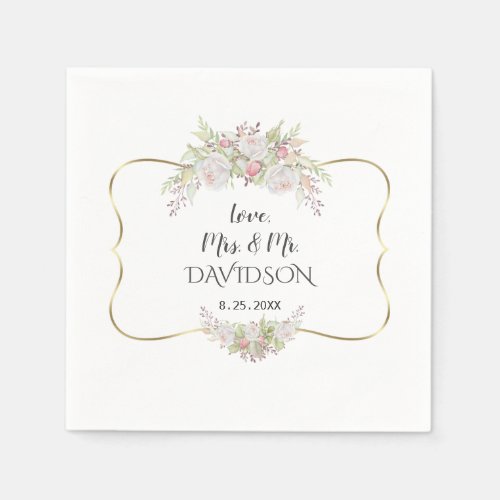 Elegant White Pink Flowers Gold Frame Wedding Napkins