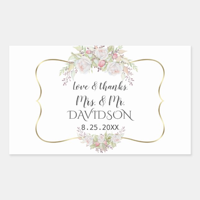 Elegant White Pink Flowers Gold Frame Wedding Rectangular Sticker (Front)