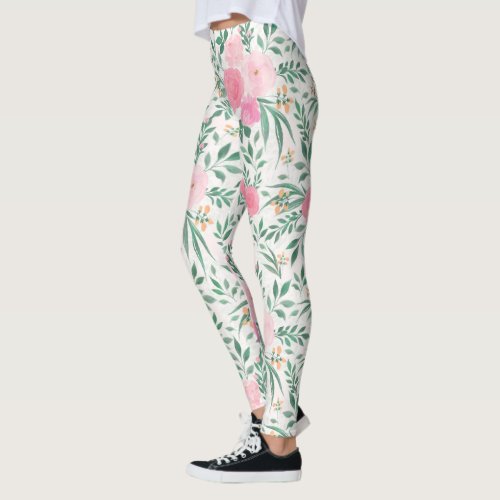 Elegant White Pink Flowers Watercolor Floral  Leggings