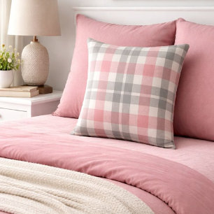 Elegant White Pink Gray Plaid Farmhouse Cottage Throw Pillow