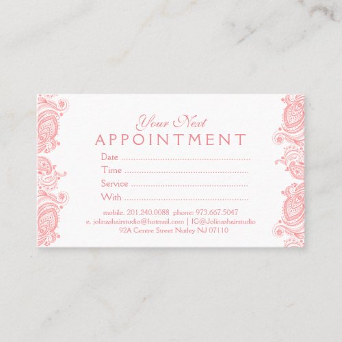 Elegant White  Pink Paisley Lace Appointment Card