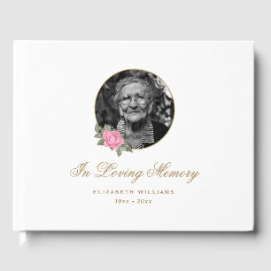 Elegant White Pink Rose Floral Funeral Photo Guest Book