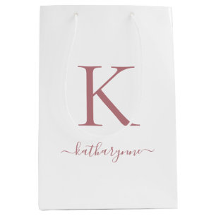 Elegant White Pink Rose Gold Monogram Name Medium Gift Bag