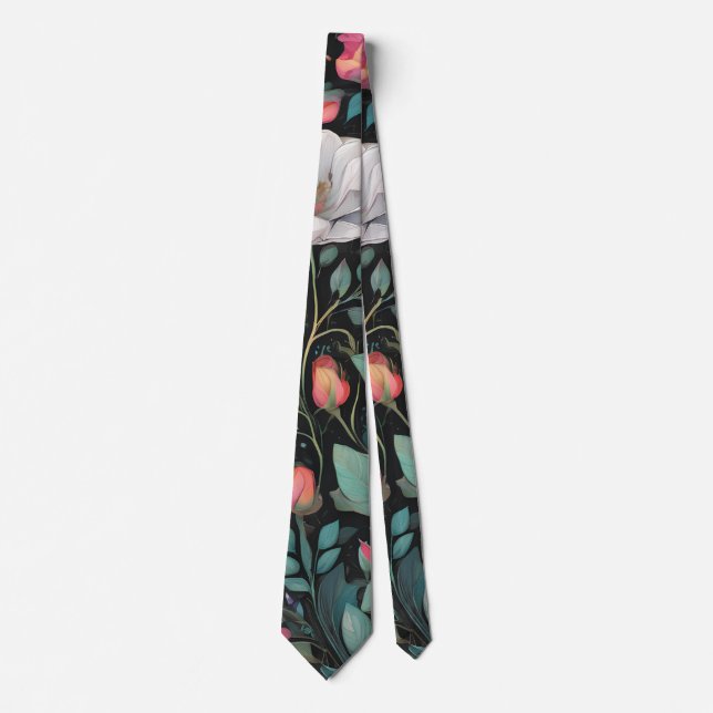Elegant White Pink Rose  Neck Tie (Front)