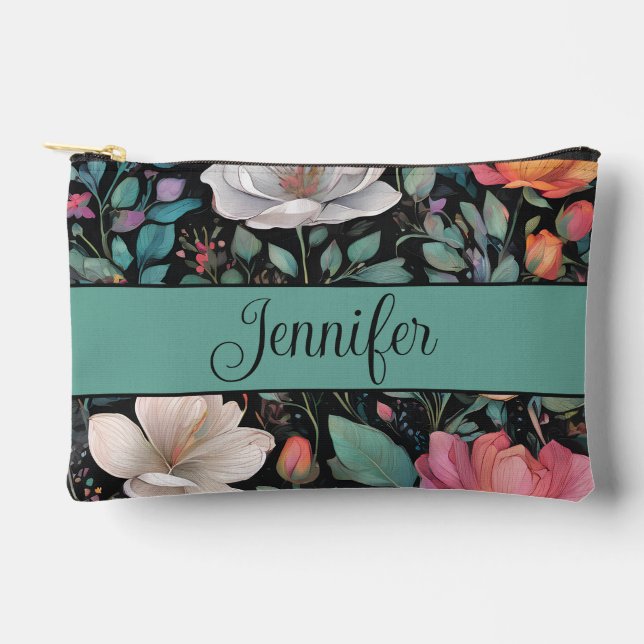 Elegant White Pink Rose Personalized Accessory Pouch (Front)