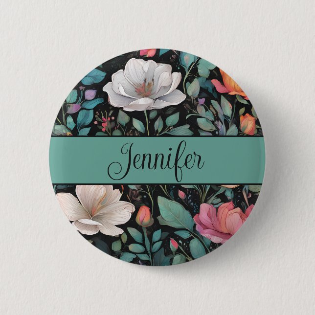 Elegant White Pink Rose Personalized Button (Front)