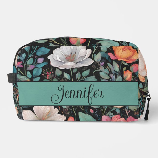 Elegant White Pink Rose Personalized Dopp Kit (Front)