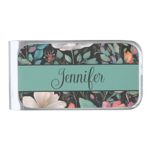 Elegant White Pink Rose Personalized Silver Finish Money Clip