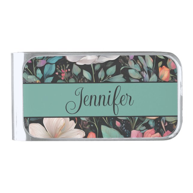 Elegant White Pink Rose Personalized Silver Finish Money Clip (Front)