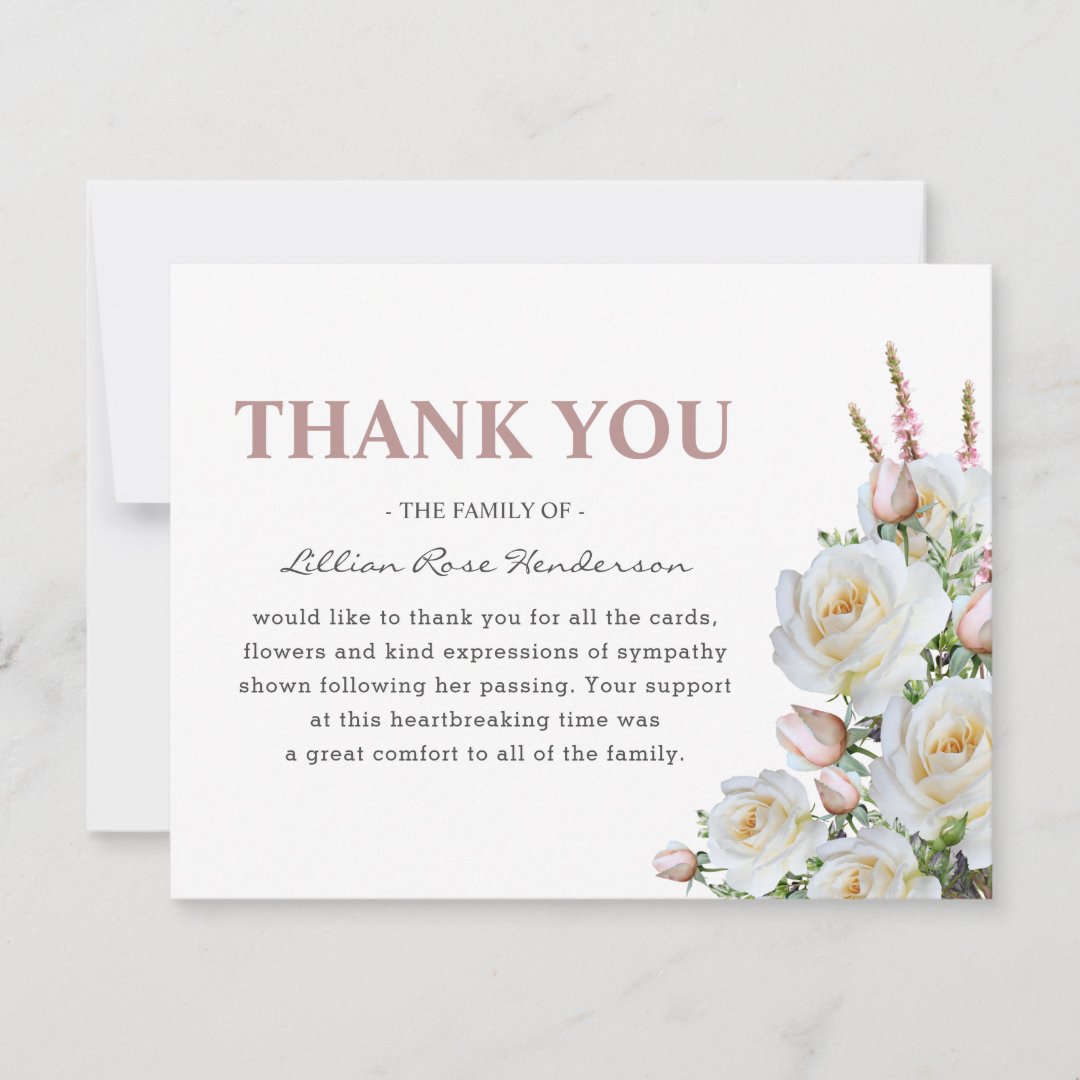 Elegant White & Pink Roses | Funeral Thank You | Zazzle