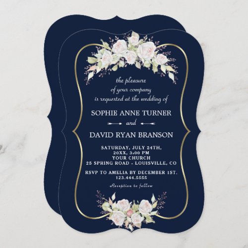 Elegant White Pink Roses Navy Blue Gold Wedding Invitation