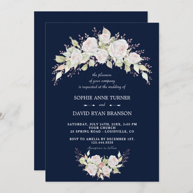 Elegant White Pink Roses Navy Blue Wedding Invitation (Front/Back)