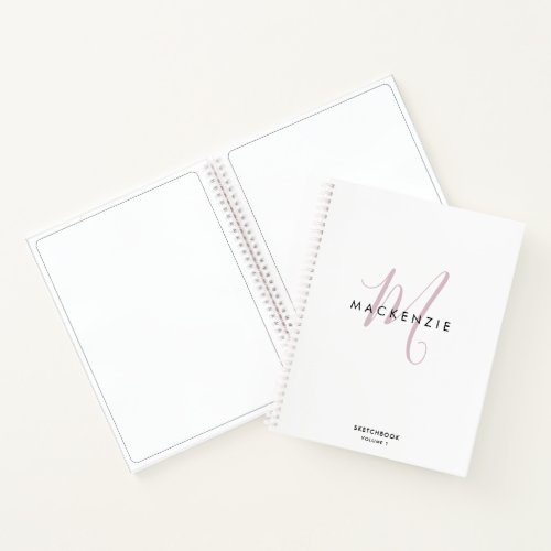Elegant White Pink Script Monogram Sketchbook Notebook