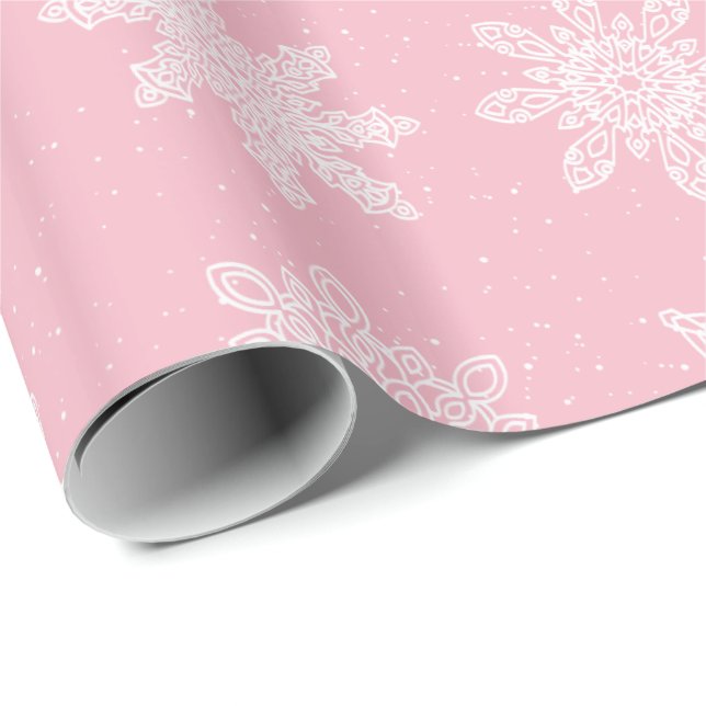 Elegant White & Pink Snowflake Christmas Pattern Wrapping Paper (Roll Corner)