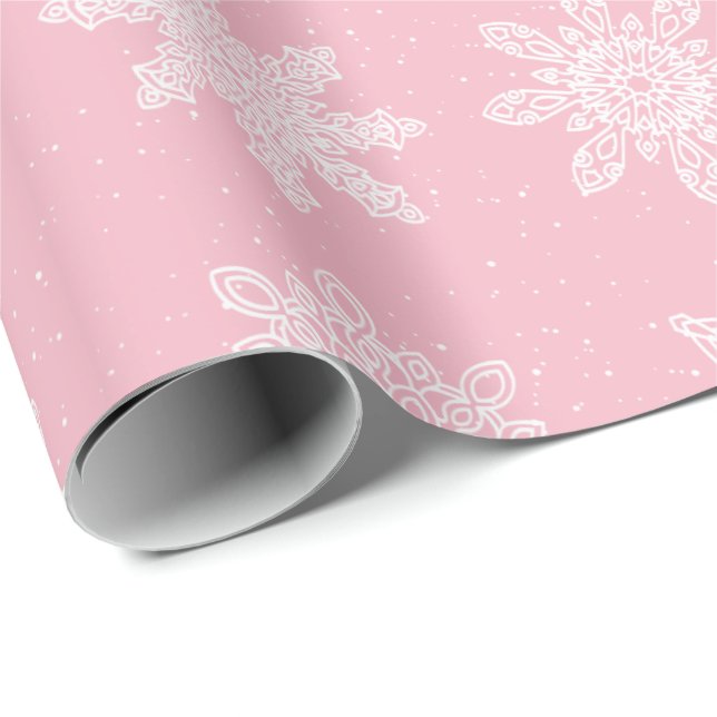 Elegant White & Pink Snowflake Christmas Pattern Wrapping Paper (Roll Corner)