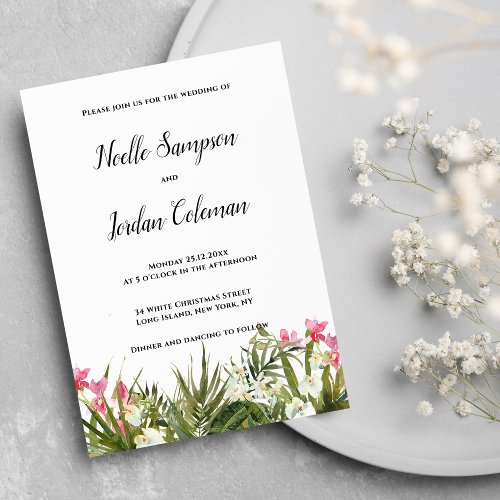 Elegant white pink tropical orchid floral wedding  invitation