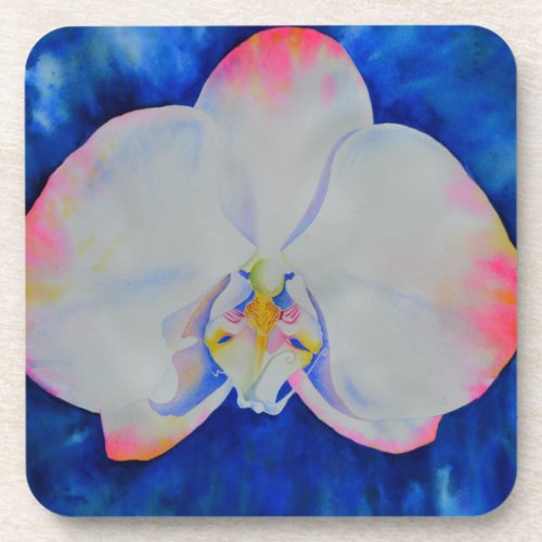 Elegant white pink watercolor floral orchid  drink coaster