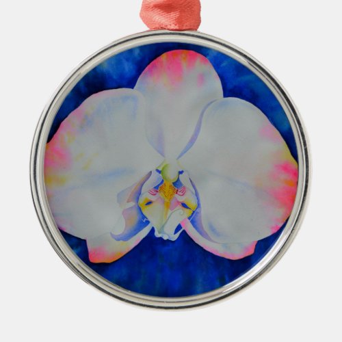 Elegant white pink watercolor floral orchid  metal ornament