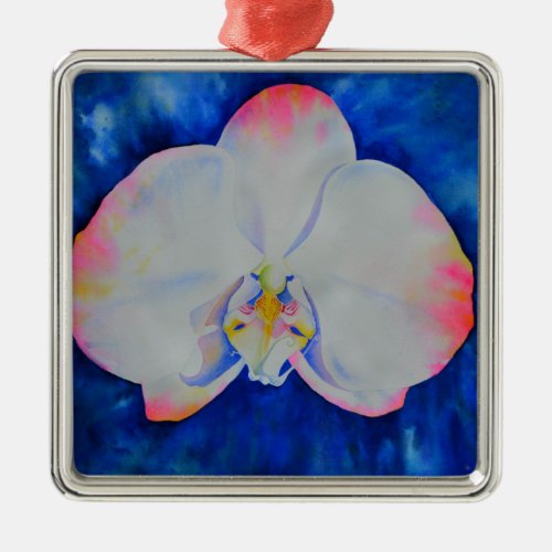 Elegant white pink watercolor floral orchid  metal ornament