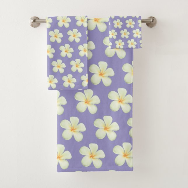 Elegant White Plumeria Flowers on Silver Gray  Bath Towel Set (Insitu)