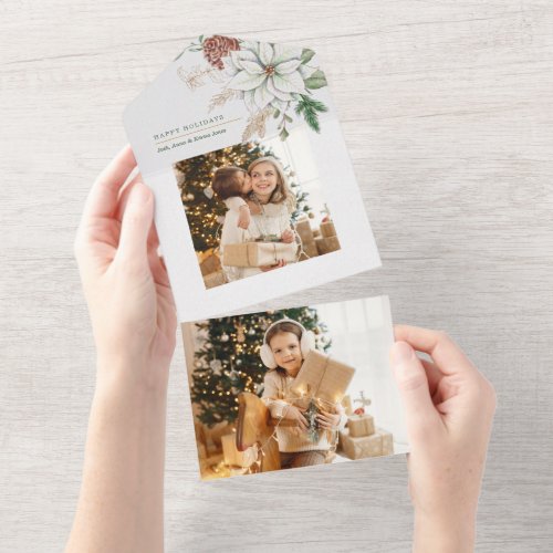 Elegant White Poinsettia and Pine Photo All In One Invitation