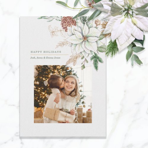 Elegant White Poinsettia and Pine Photo Foil Holiday Card