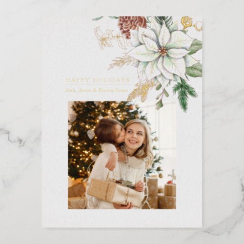 Elegant White Poinsettia and Pine Photo Foil Holiday Postcard