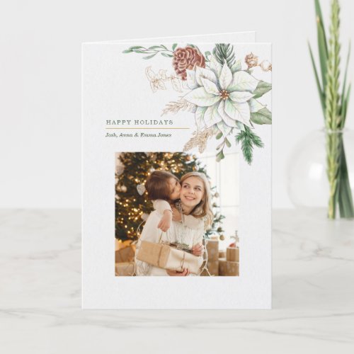 Elegant White Poinsettia and Pine Photo Holiday Card