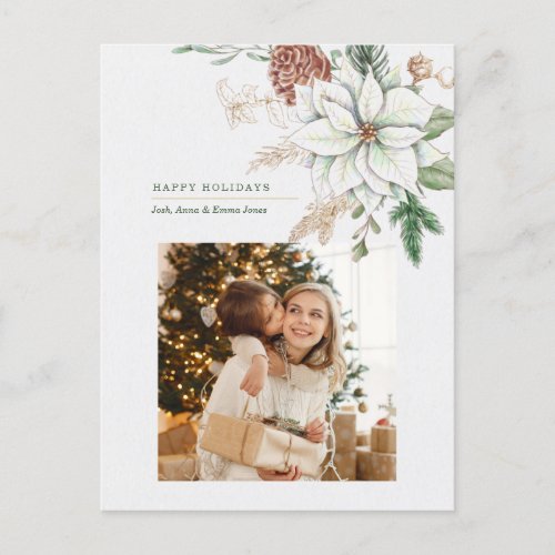 Elegant White Poinsettia and Pine Photo Holiday Postcard