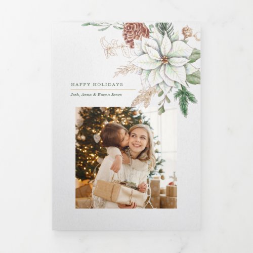 Elegant White Poinsettia and Pine Photo Tri_Fold Card