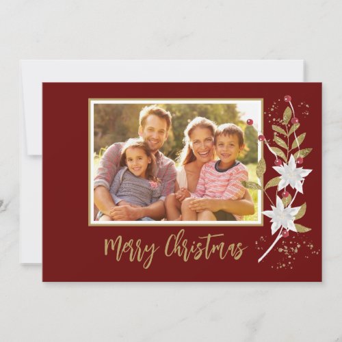 Elegant White Poinsettia Burgundy Gold Family Card