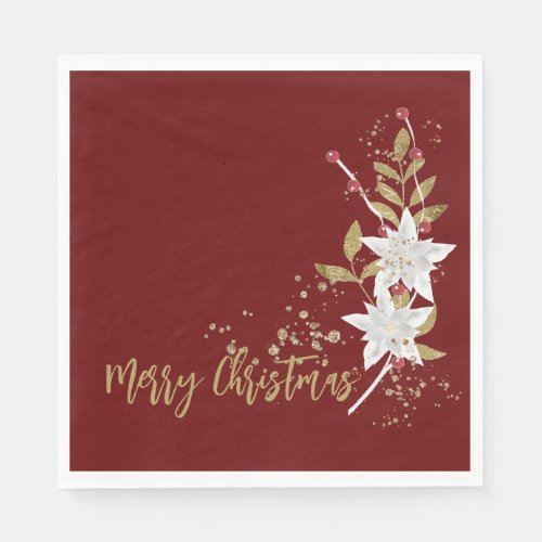 Elegant White Poinsettia Burgundy Gold Glitter Napkins