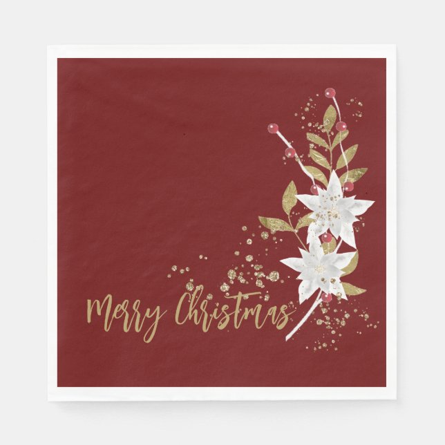Elegant White Poinsettia Burgundy Gold Glitter Napkins (Front)