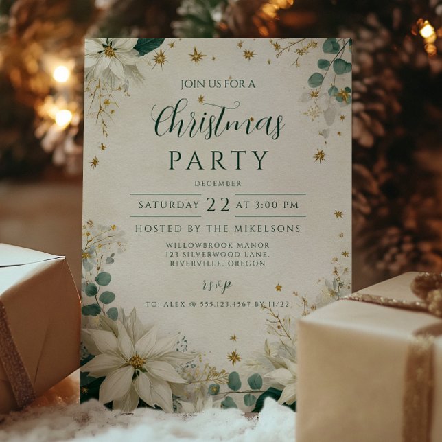 Elegant White Poinsettia Christmas Party Invitation (Creator Uploaded)