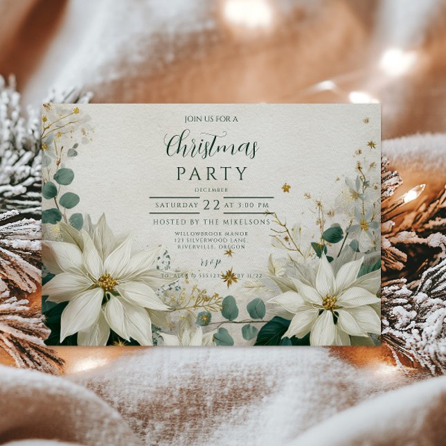 Elegant White Poinsettia Christmas Party Invitation (Creator Uploaded)