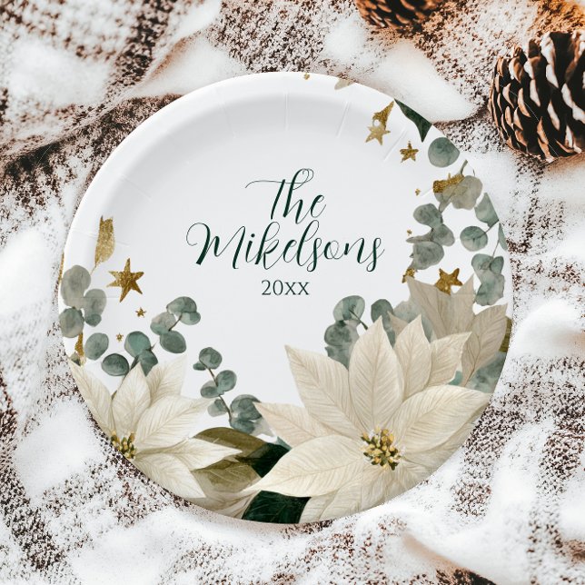 Elegant White Poinsettia Christmas Party Paper Plates (Creator Uploaded)